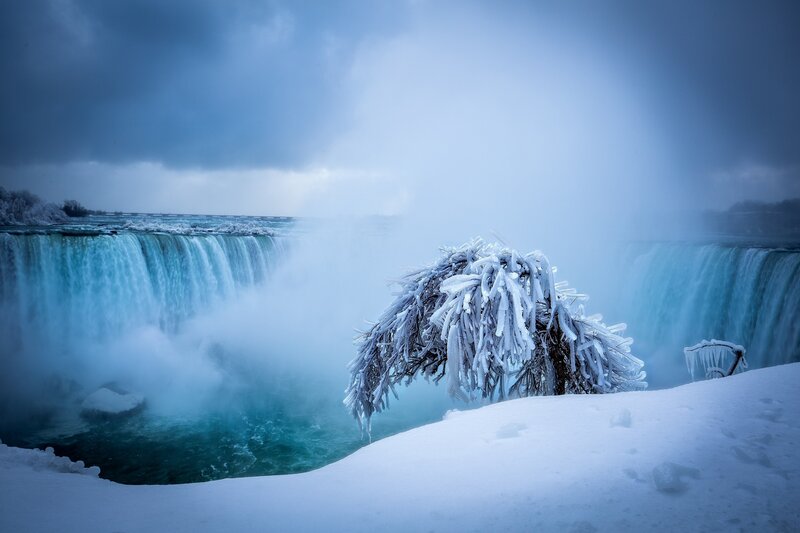 Frozen Waterfall — Blue, Dramatic, Winter, Photograph, Snow, Ice, Mist