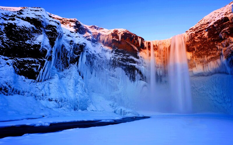 Frozen Waterfall — Blue, Dramatic, Winter, Photograph, Snow