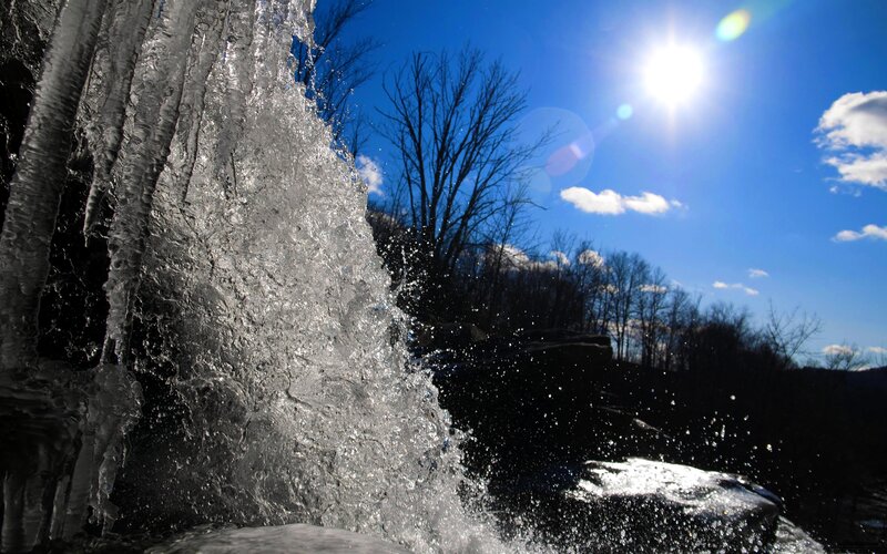 Frozen Waterfall — Blue, Dramatic, Winter, Photograph, Sun