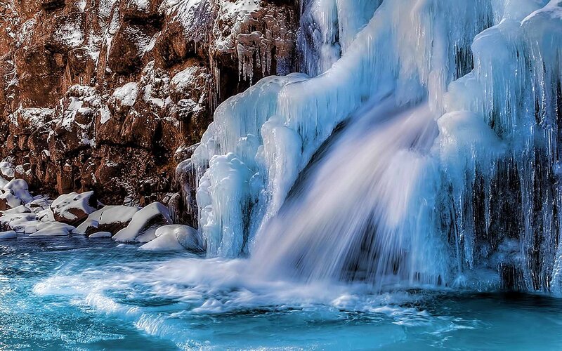 Frozen Waterfall — Blue, Dramatic, Winter, Photograph