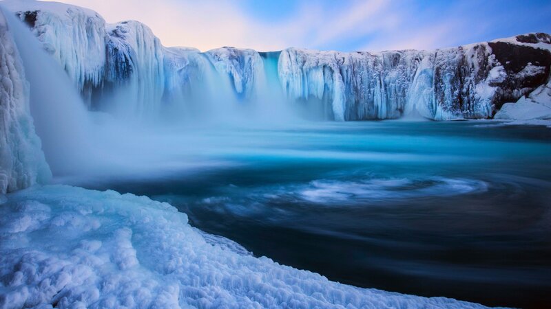 Frozen Waterfall — Blue, Serene, Winter, Photograph, Ice, River, Sky
