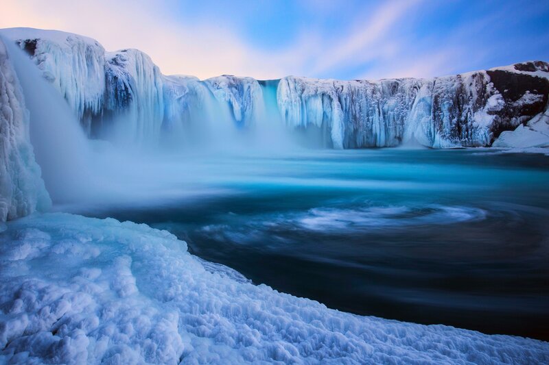 Frozen Waterfall — Blue, Serene, Winter, Photograph, Ice, River, Sky, White, Black