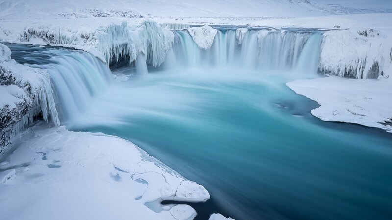 Frozen Waterfall — Blue, Serene, Winter, Photograph, Snow