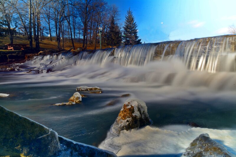 Frozen Waterfall — Blue, Serene, Winter, Photograph, Trees, Rocks