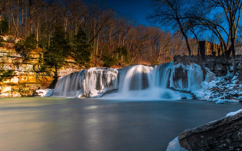 Frozen Waterfall — Blue, Serene, Winter, Photograph, Trees