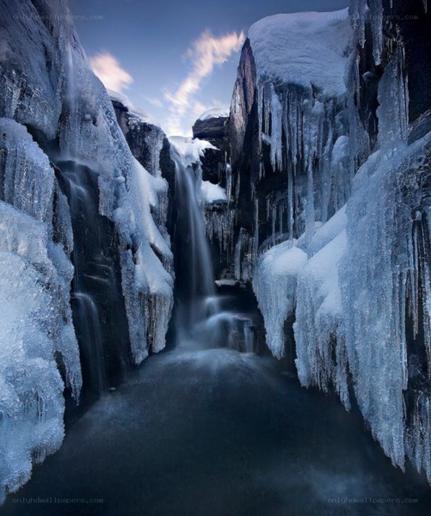 Frozen waterfall in a canyon