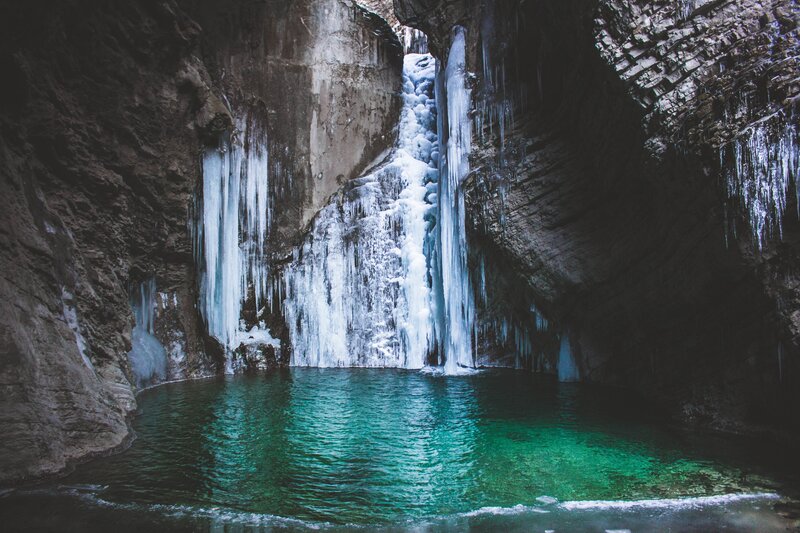 Frozen waterfall in a cave