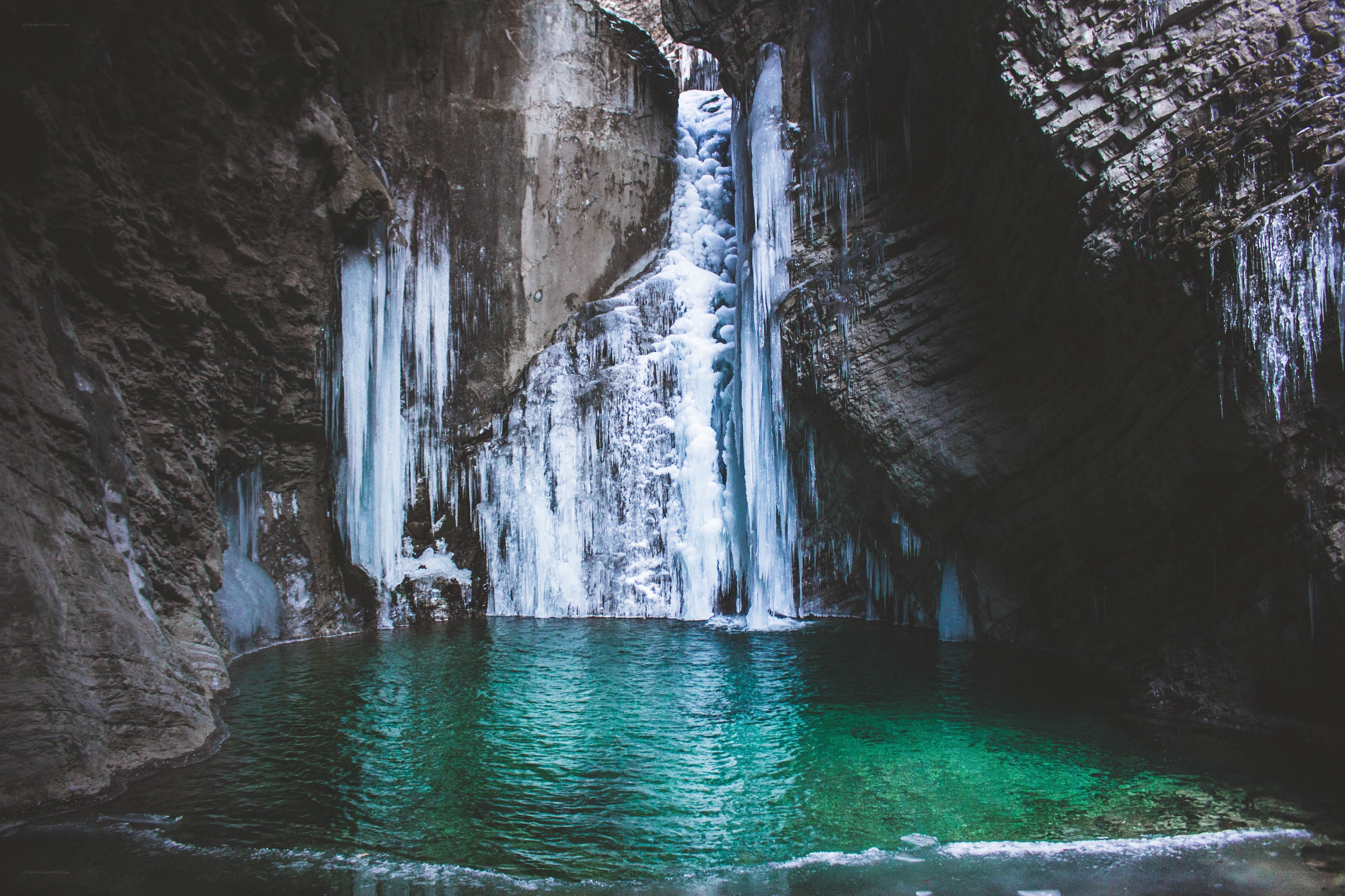 Frozen waterfall in a cave