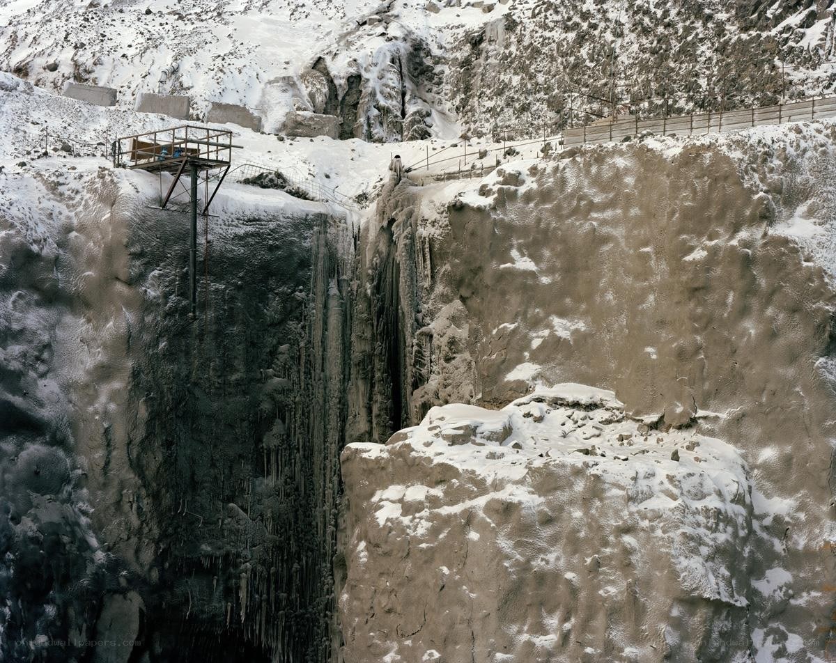 Frozen waterfall in a quarry