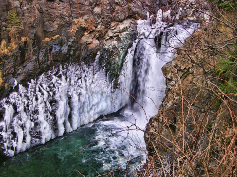 Frozen waterfall in a rocky canyon