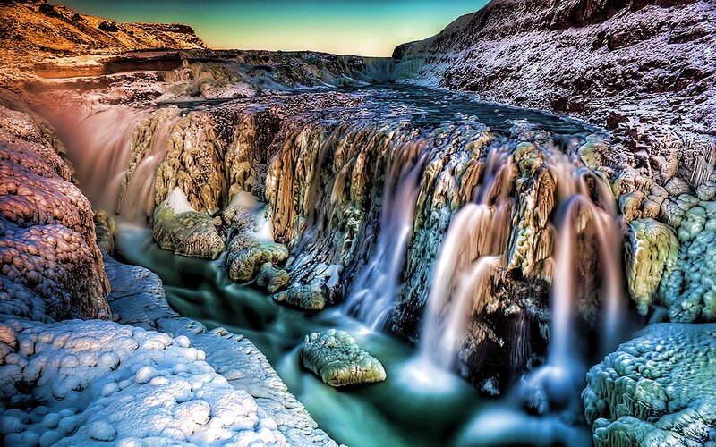Frozen Waterfall in Canyon — Blue