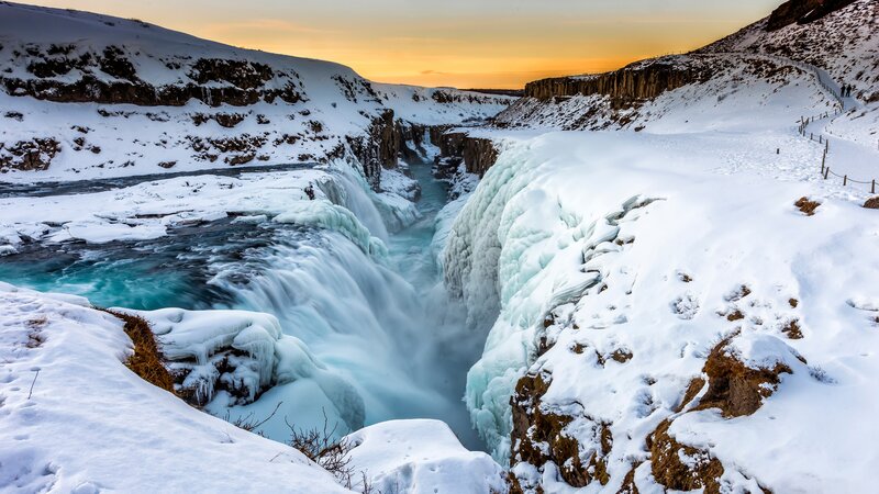 Frozen Waterfall in Canyon — White, Dramatic, Sunset