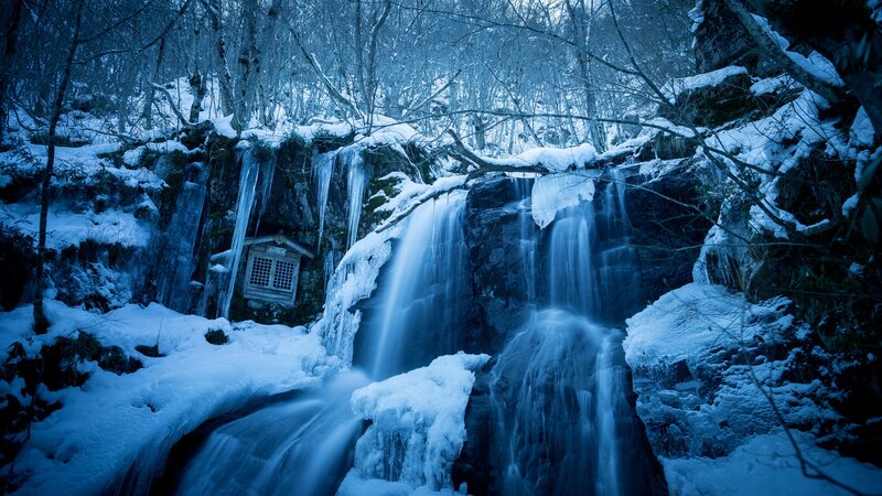 Frozen Waterfall in Forest — Blue, Cold, Winter