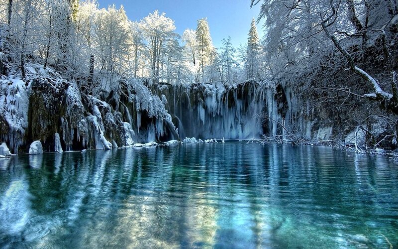 Frozen Waterfall in Forest — Blue, Serene, Winter, Photograph, Trees
