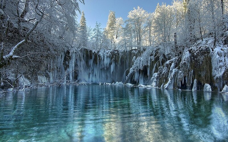 Frozen Waterfall in Forest — Blue, Serene, Winter