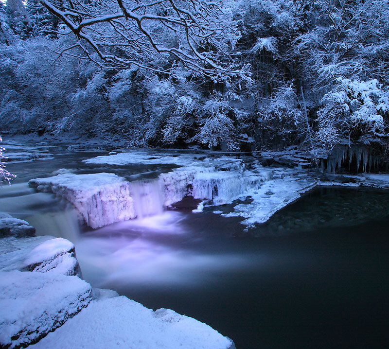 Frozen Waterfall in Forest — Blue
