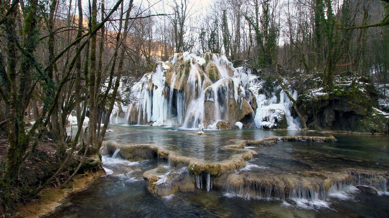 Frozen Waterfall in Forest — Brown, Serene