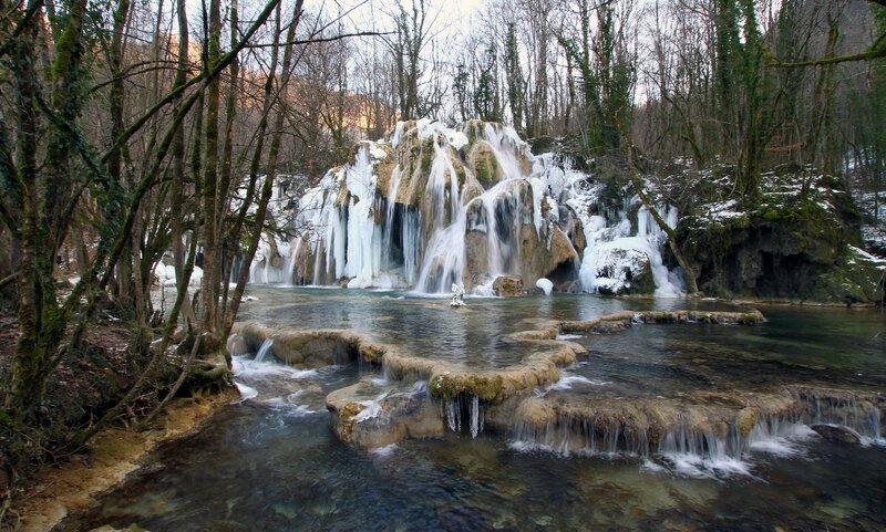 Frozen Waterfall in Forest — Brown, Serene, Winter, Photograph