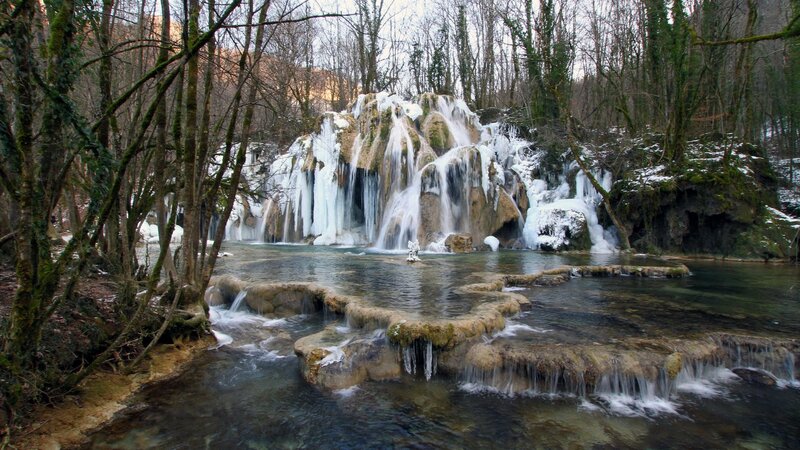 Frozen Waterfall in Forest — Brown, Serene, Winter
