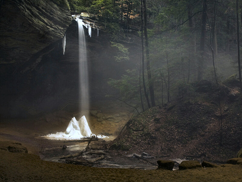 Frozen Waterfall in Forest — Brown