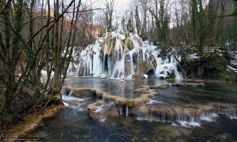 Frozen Waterfall in Forest — Green, Serene