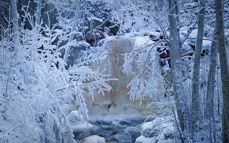 Frozen Waterfall in Forest — White, Cold, Winter, Photograph, Snow