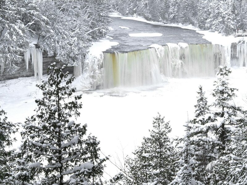 Frozen Waterfall in Forest — White, Cold, Winter, Photograph, Snow, Trees, Ice
