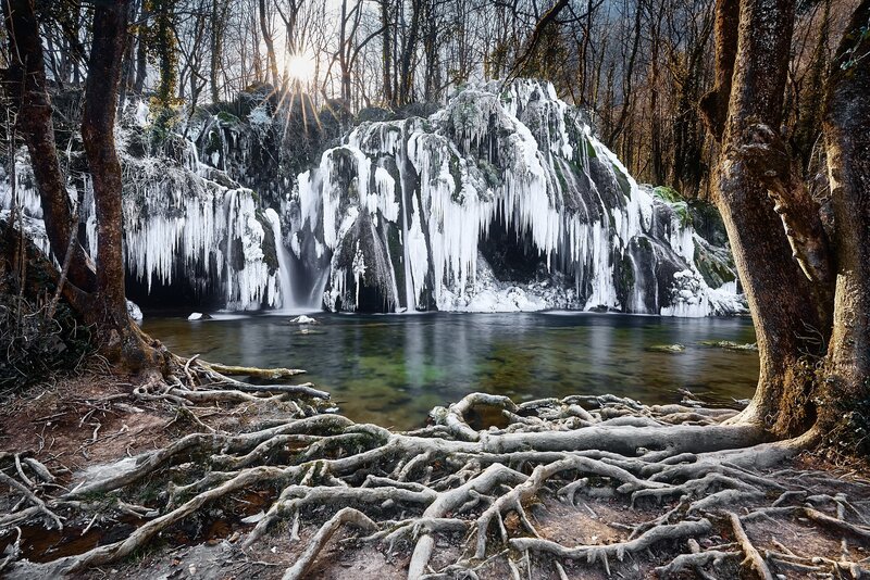 Frozen Waterfall in Forest — White, Serene
