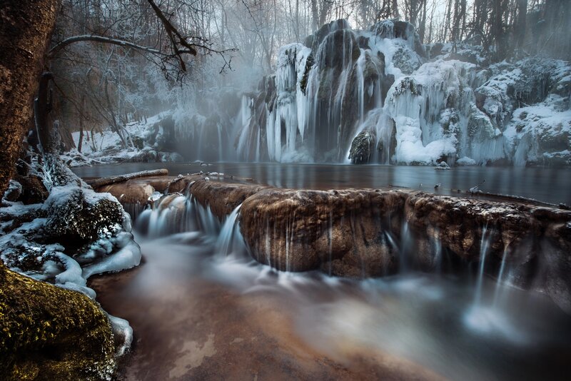 Frozen Waterfall in Forest — White, Serene, Winter