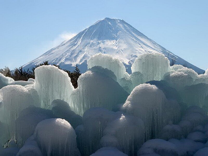 Frozen Waterfall in Front of Mountain