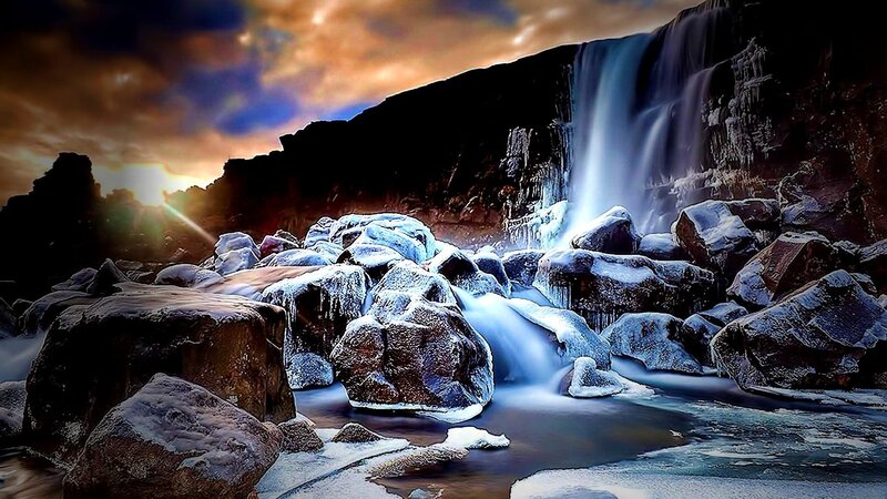 Frozen Waterfall Landscape — Blue, Dramatic, Sunset, Photograph