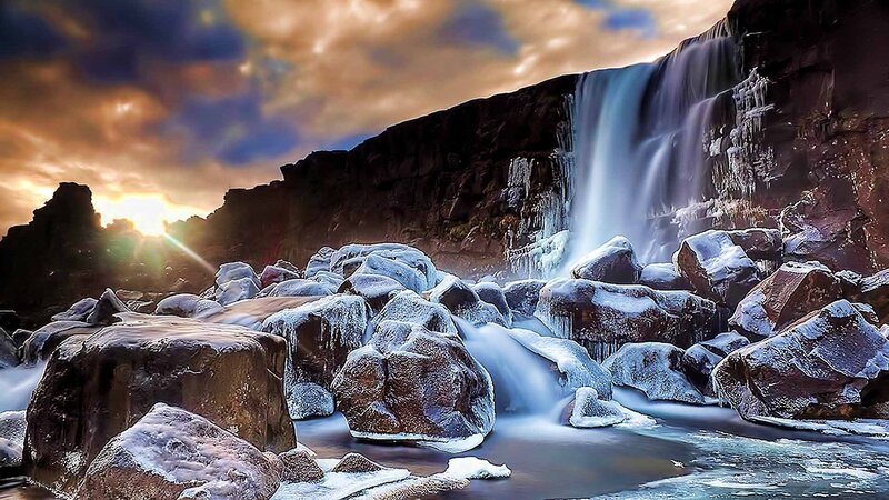 Frozen Waterfall Landscape — Blue, Dramatic, Sunset