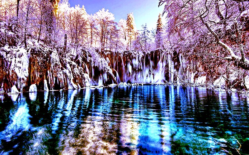 Frozen Waterfall Landscape — Blue, Serene