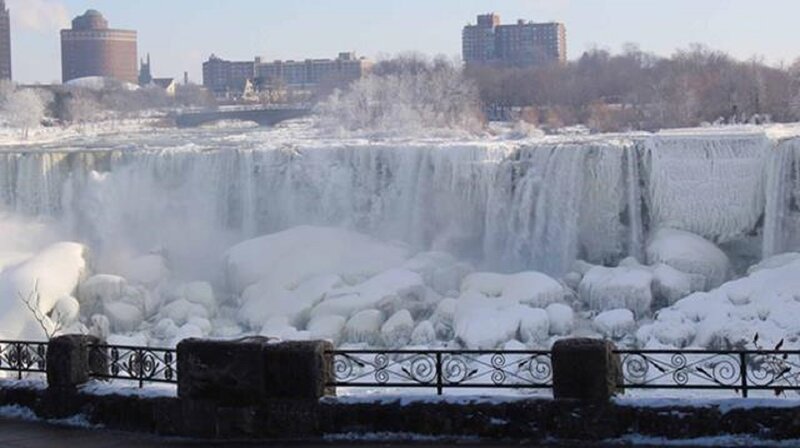 Frozen Waterfall — White, Cold, Winter, Photograph, Buildings