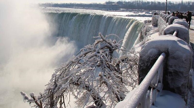 Frozen Waterfall — White, Cold, Winter, Photograph, Frost-covered Branches