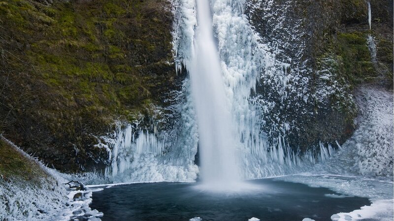 Frozen Waterfall — White, Cold, Winter, Photograph, Ice, Pool, Cliff, Green, Black