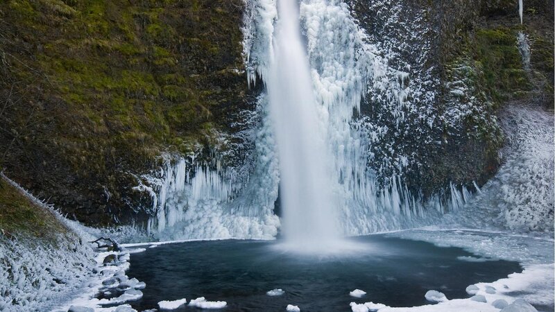 Frozen Waterfall — White, Cold, Winter, Photograph, Ice, Pool, Moss
