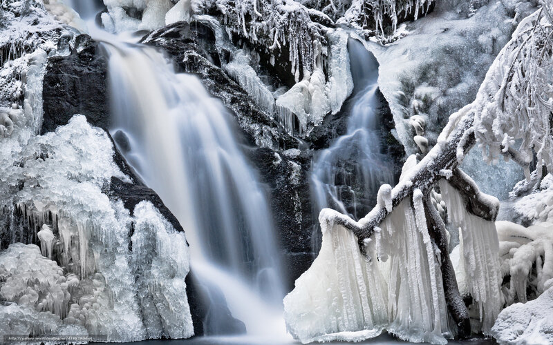 Frozen Waterfall — White, Cold, Winter, Photograph, Ice, Rocks, Trees