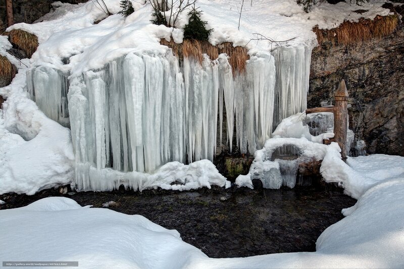Frozen Waterfall — White, Cold, Winter, Photograph, Icicles, Snow, Rock