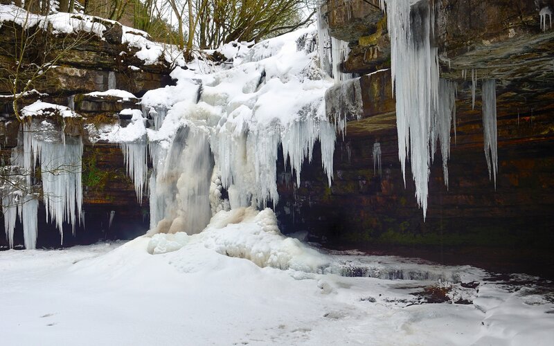 Frozen Waterfall — White, Cold, Winter, Photograph, Icicles, Snow, Rocks
