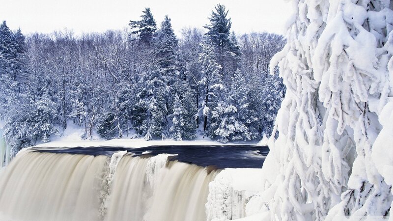 Frozen Waterfall — White, Cold, Winter, Photograph, Snow, Trees, River, Blue