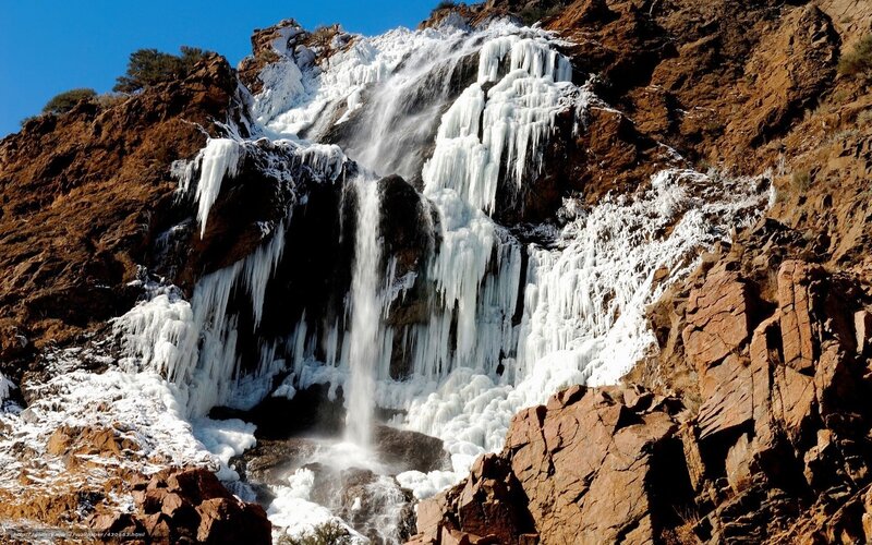 Frozen Waterfall — White, Dramatic, Winter, Photograph, Rocky Cliff