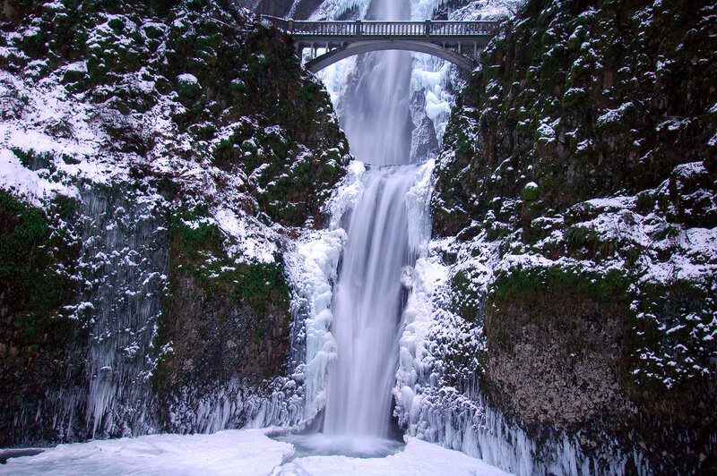 Frozen Waterfall with Bridge — White, Cold