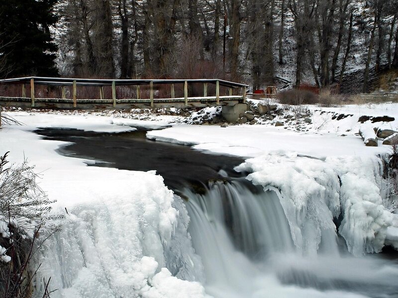 Frozen Waterfall with Bridge — White, Cold, Winter