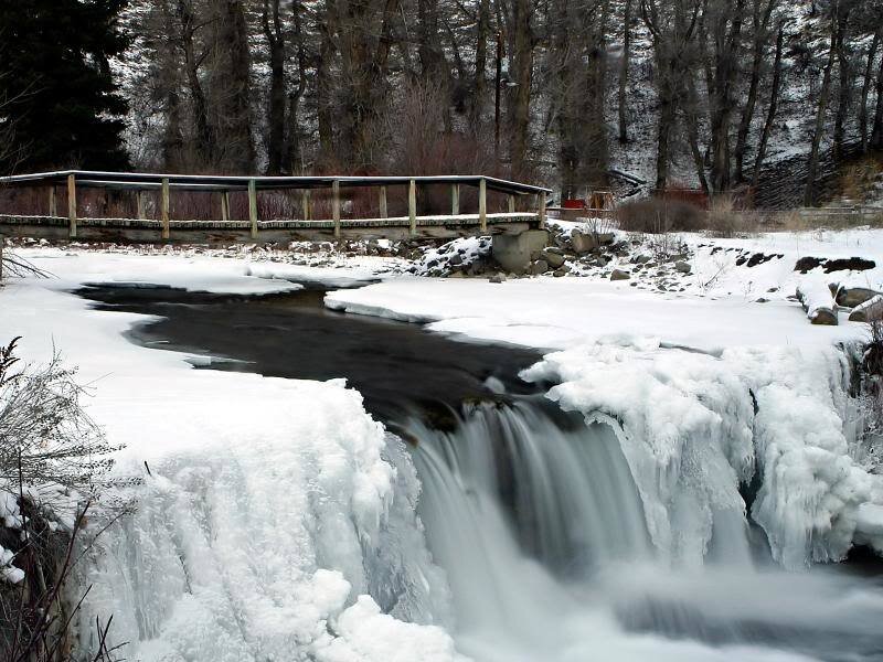 Frozen Waterfall with Bridge — White