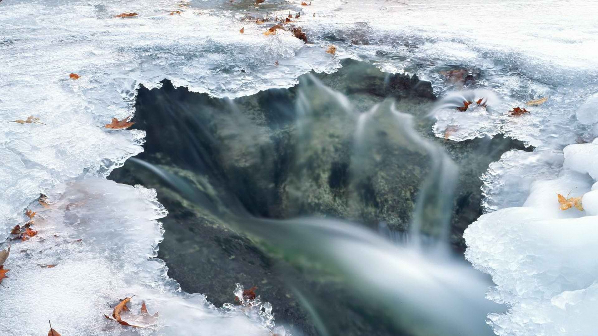 Frozen waterfall with ice and leaves