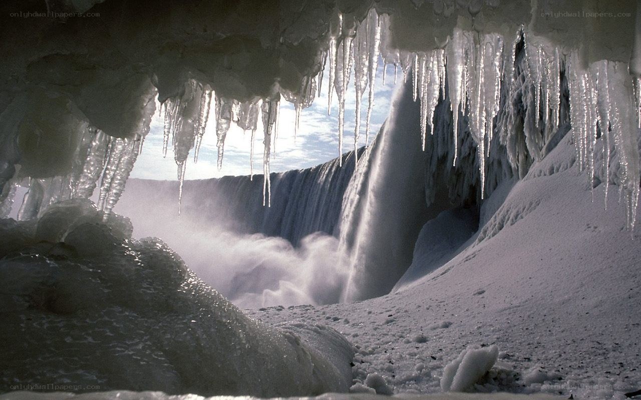 Frozen waterfall with icicles