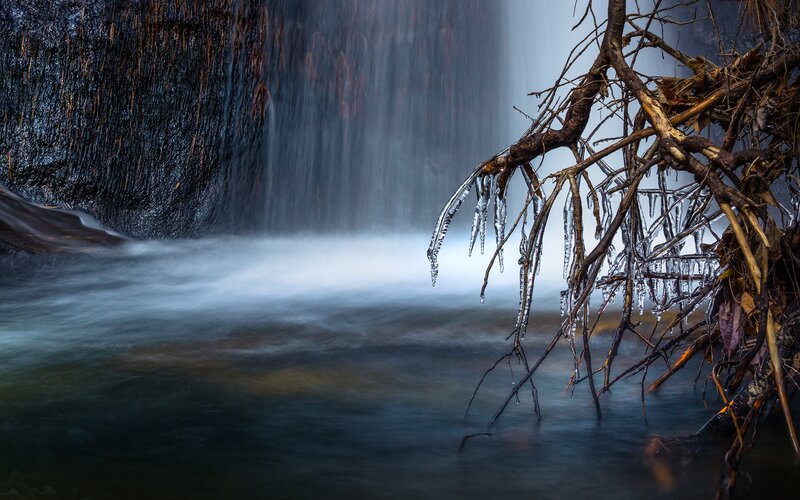 Frozen Waterfall with Icicles — Blue