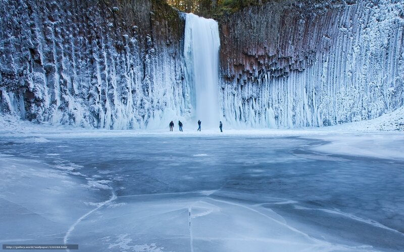 Frozen waterfall with people