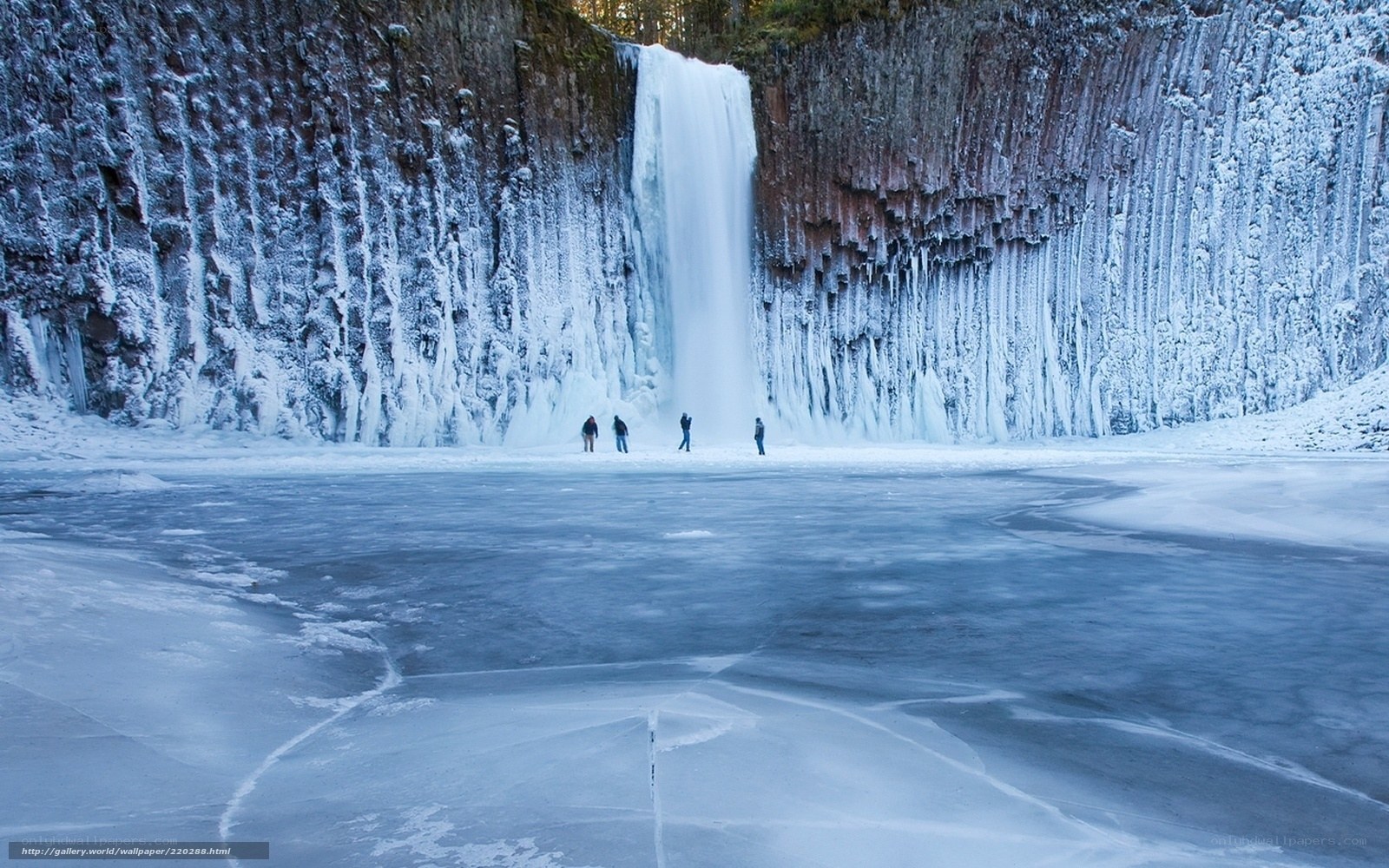 Frozen waterfall with people